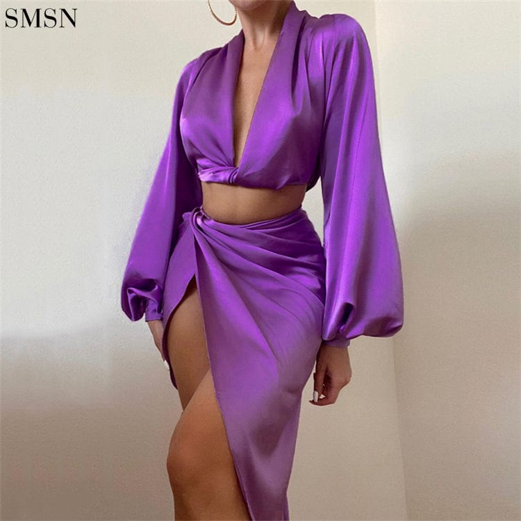 L / Purple New Trendy Loose Deep V Long Sleeve Top Slit Ruffle Skirt Suit Two Piece Dress Set