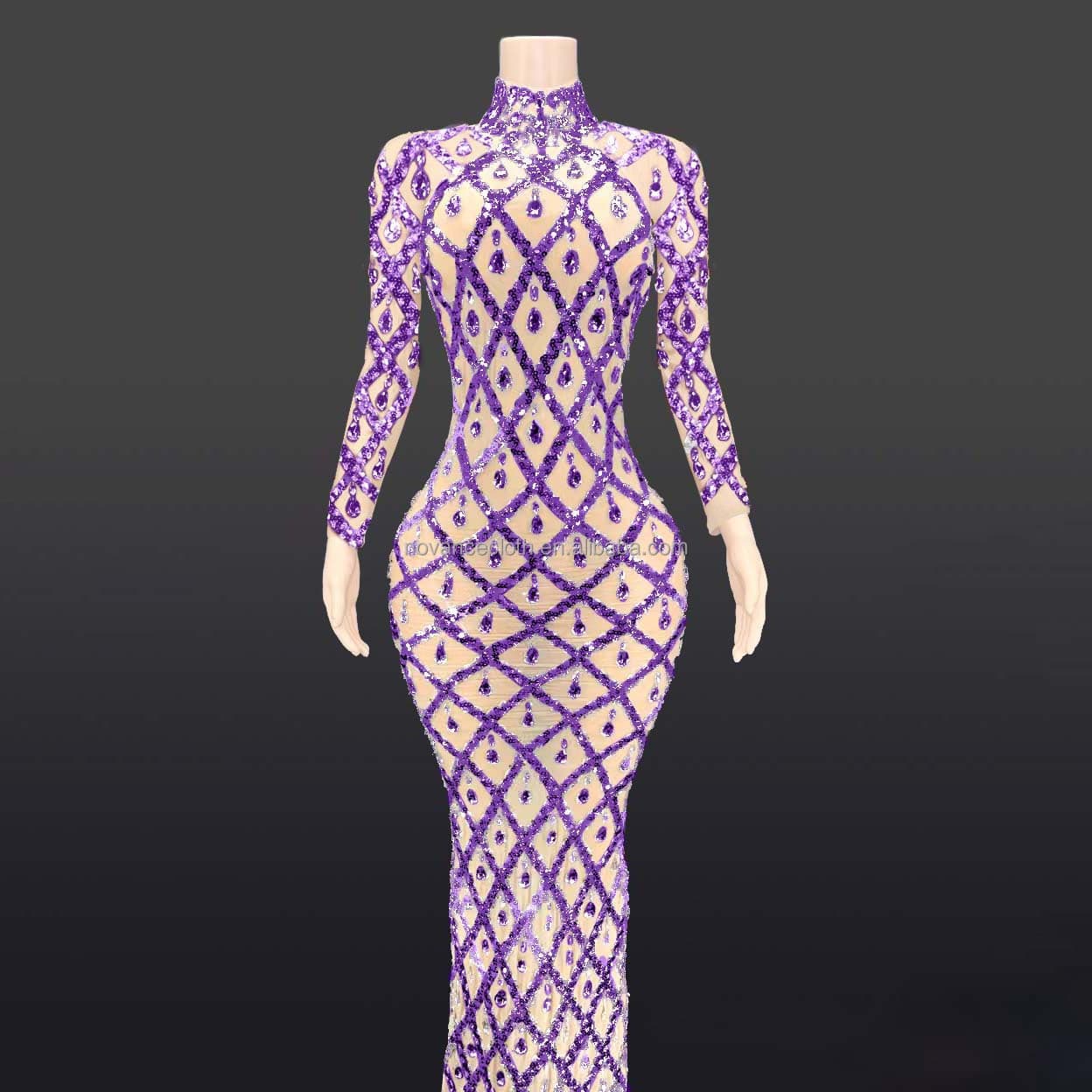 L / Purple Novance  Y2520 2023 New Design Yellow Bright Diamond Sequins Fishnet Ladies Ball Gowns Dresses For Women For Party