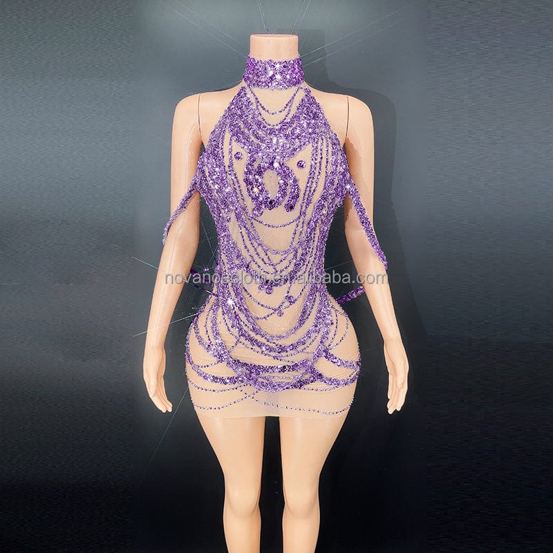 L / Purple Novance Y2653 Hot Items 2022 New Years Products Sexy Hollow Out Shiny Crystals Black Ball Dresses Prom Evening Mini Dresses