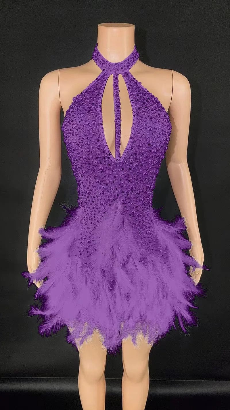 L / Purple Novance Y3276 Hot Sales 2024 New Arrivals High Neck Elegant Sequin Evening Night Wedding Dress with Pearls Feather for Dress