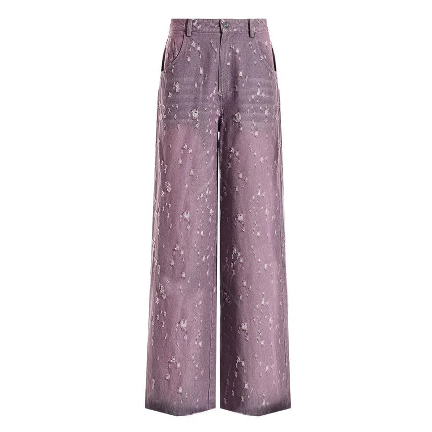 L / Purple OUDINA  Fashion 2023 New Purple Ladies Denim Burnt Flower Straight Pants Women Washed Ripped Jeans