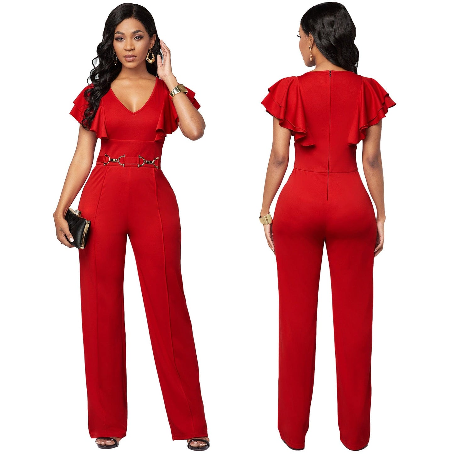 L / Red 2022 New Arrival One Piece Fall Clothing Custom Rompers Deep V Neck Green Jumpsuit Elegant Bodycon Jumpsuits For Women