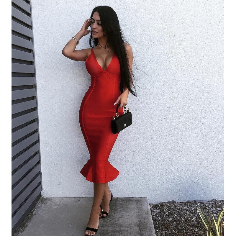 L / Red BA4365  Fashion Sexy Suspender Deep V-neck  Fishtail Bodycon Dress