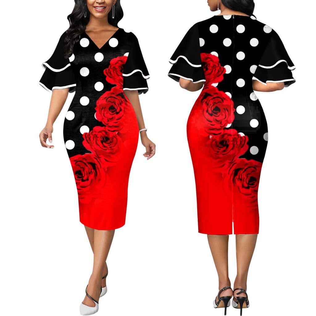 L / Red C1103TA17 Office Elegant Dot Floral Print Ruffles Stack Sleeve Bodycon Dress Women Sehe Fashion