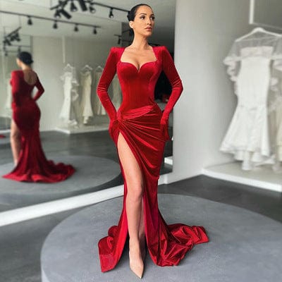 L / Red Fall Winter Women'S Velvet Long Prom Dresses  Evening Gowns Sexy Elegant Women Split Velvet Red Dress Party Evening Dresses