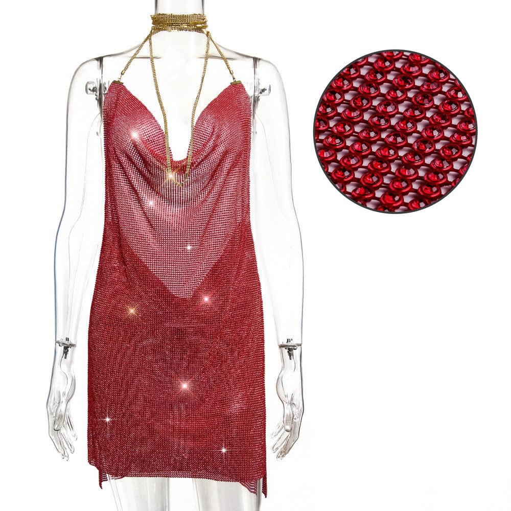 L / Red LH627-1 2022 Ladies Fashion Suspender Dress Casual Metal Sequins Mesh Night Club Wear Women Fashion Midi Sexy Dresses