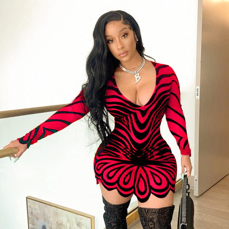 L / Red New Style Fall Winter Casual Printed Round Neck Long Sleeve Women Elegant Ruffle Midi Dresses