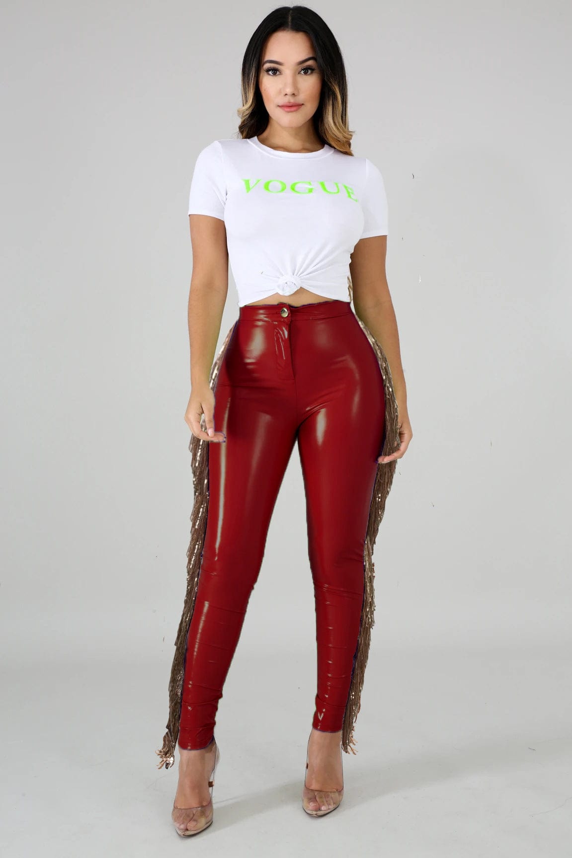 L / Red OUDINA Women's Fashion Pants With Tassels Stretch Tight PU Leather Sequined Fringed Pants For Ladies