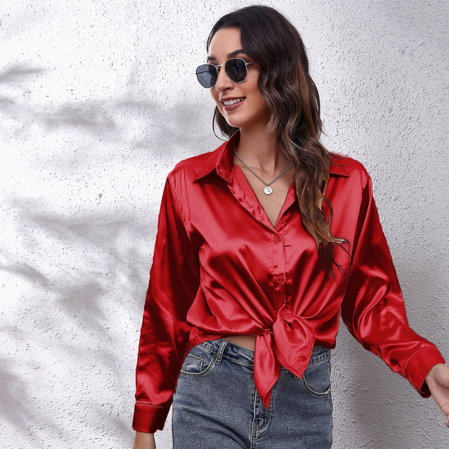 L / Red Silk Women's Shirt Long Sleeve Fashion Woman Blouses 2023 Satin Top Female Shirts and Blouse Basic Ladies Tops OL Women Clothing