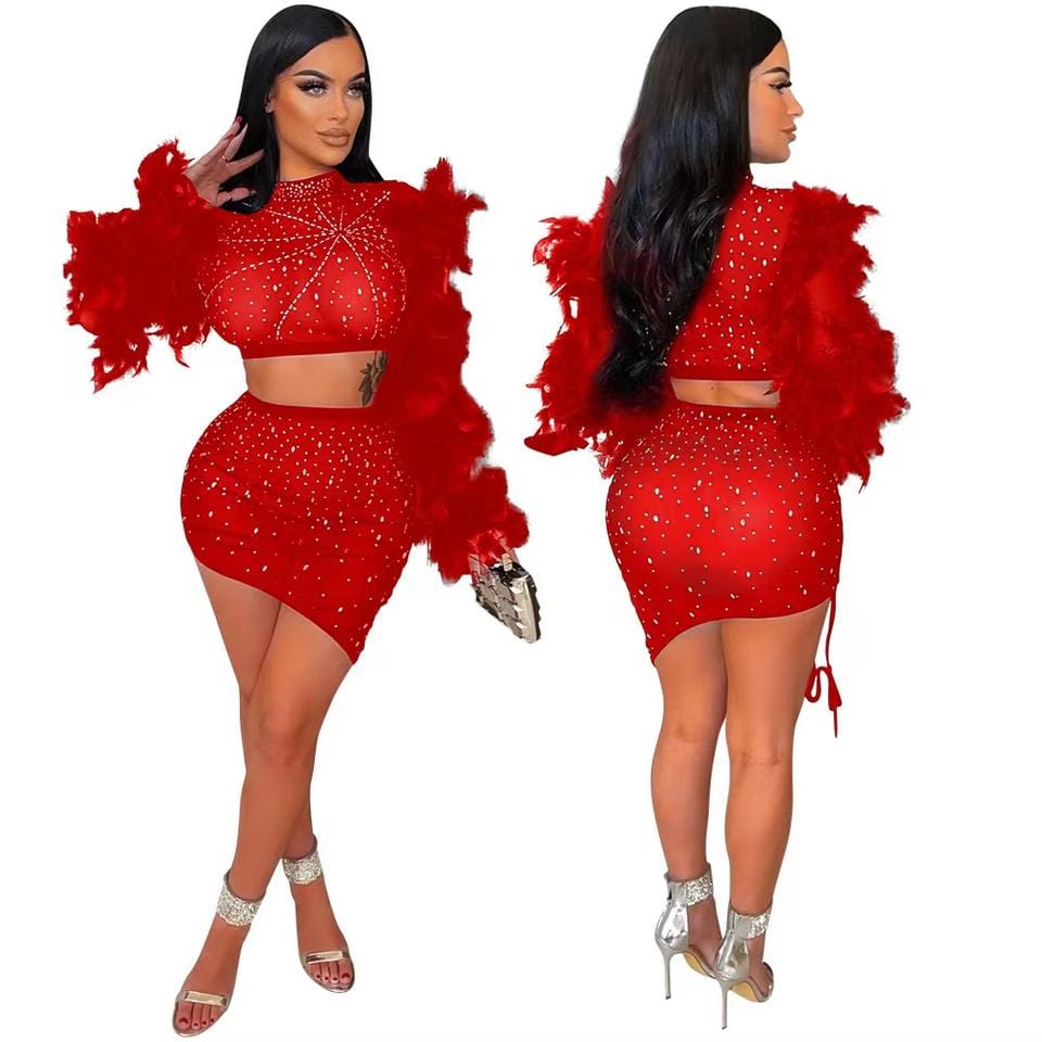 L / Red trendy rhinestone feather sleeve crop top and skirt 2 piece set sexy mesh mini skirts club outfits women summer clothing