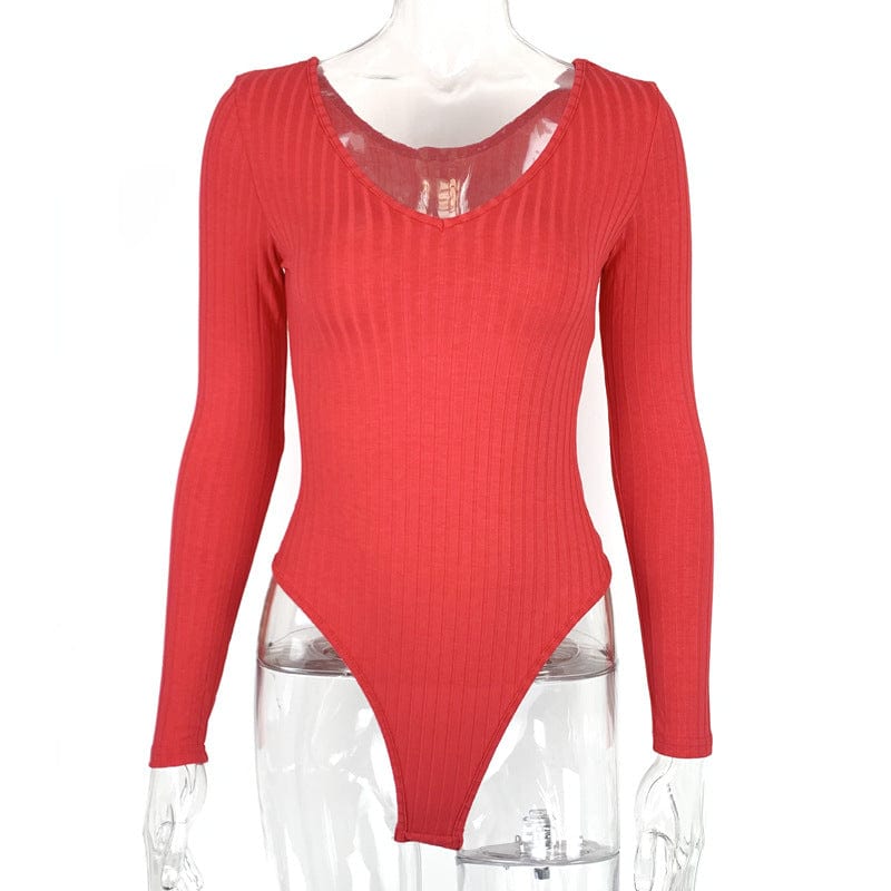 L / Red Women Clothing 2022 Custom Logo Deep V Neck Bodysuits Ribbed Long Sleeve Bodysuit Knit Polyester Tight Bodysuits Fall