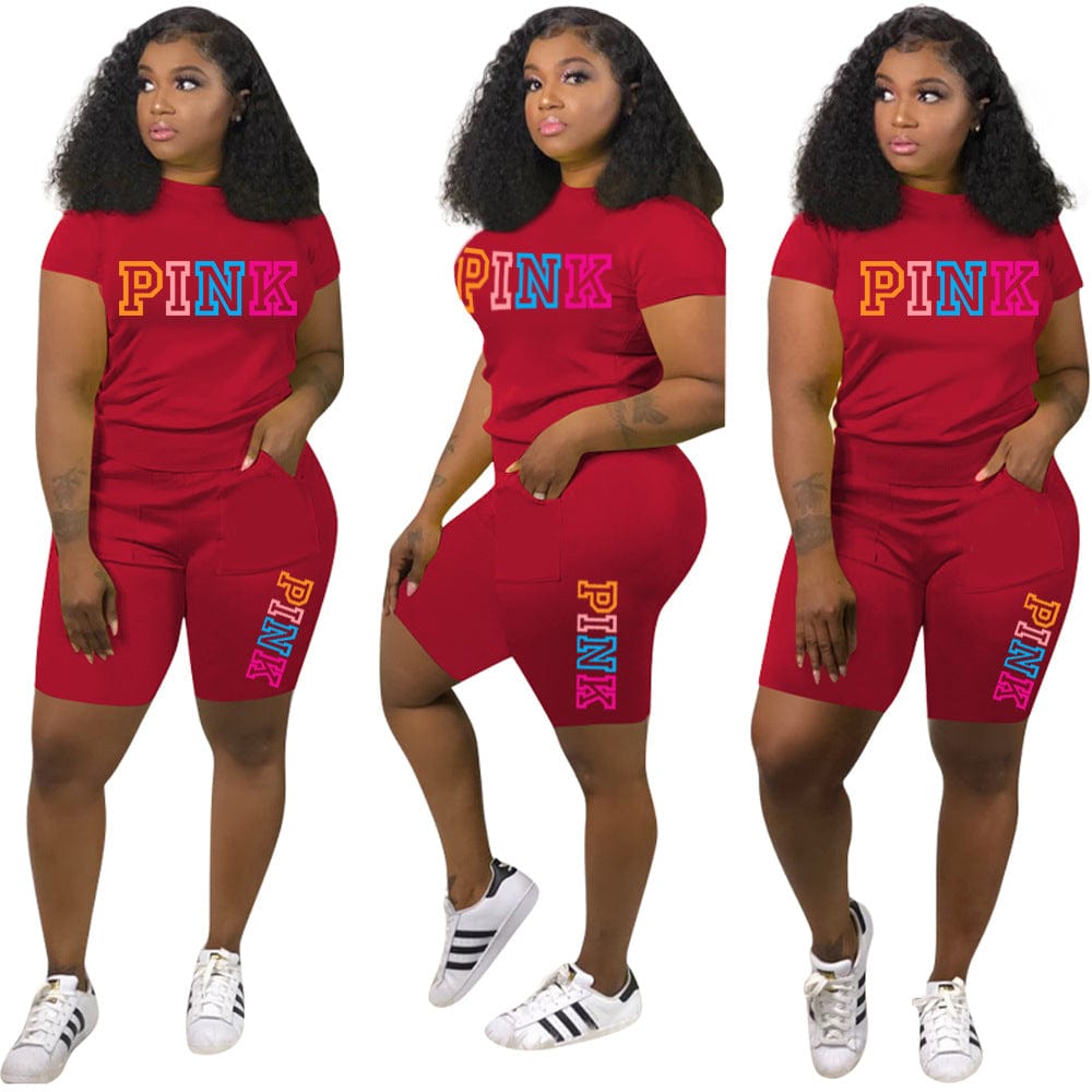 L / Red Z104475 Summer women's two piece 2022 Casual Letter Print t-shirts shorts two piece set