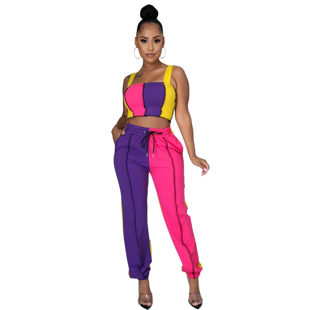 L / Rose yellow purple 2022 Summer Hot Sales Sleeveless Two Sets Two Piece Pants Summer Women 2 Piece Set Clothing