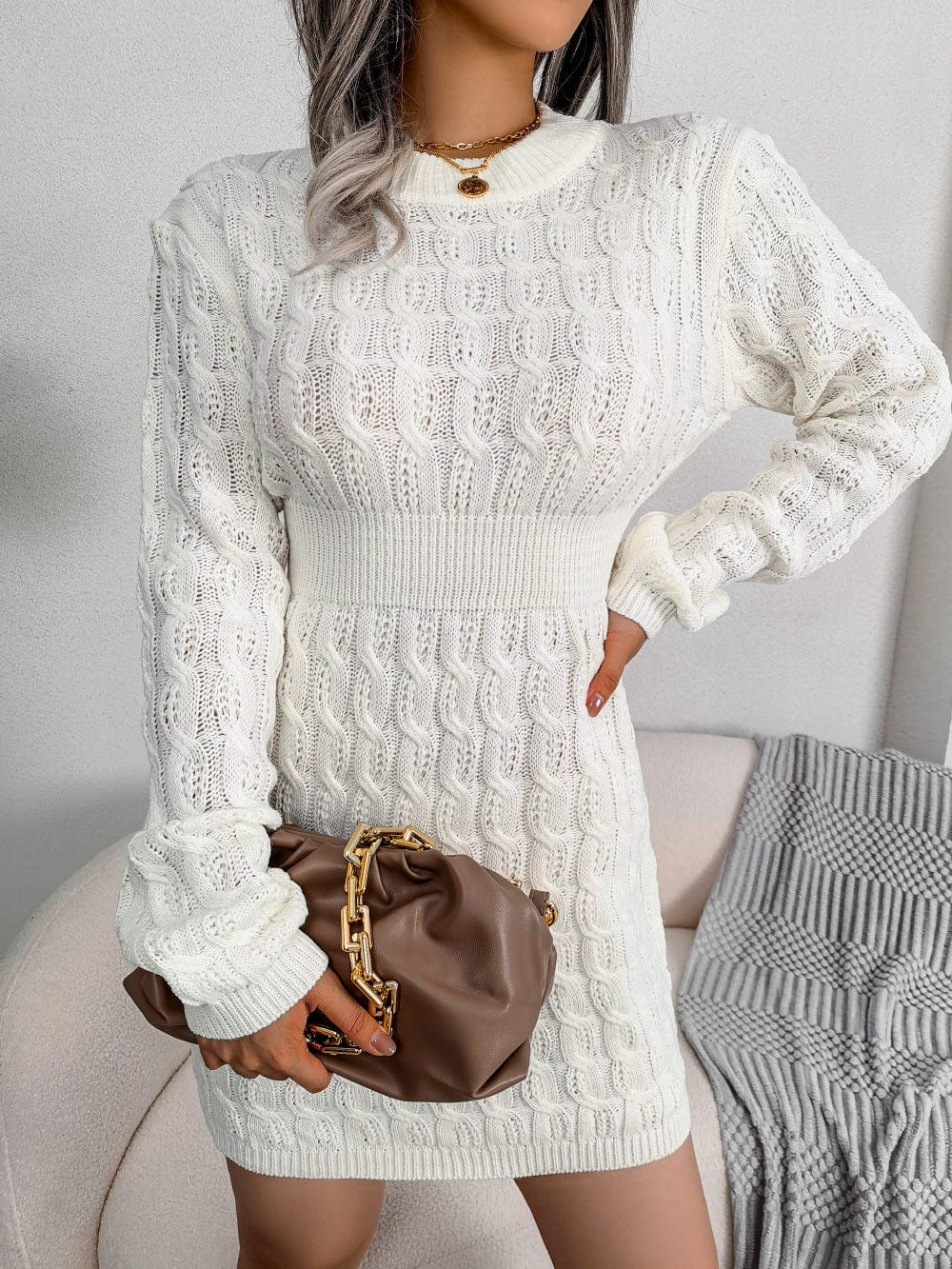 L / White 10%OFF Autumn and winter European and American casual twist waist bag hip dress bottoming sweater dress