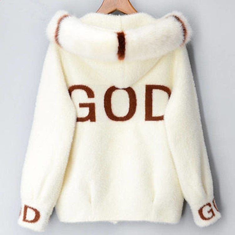 L / White 2022 Autumn Winter Women Faux Mink Fur Coat Loose Short Style Hooded 2022 New Fashion Girls Cute Sweater Coat