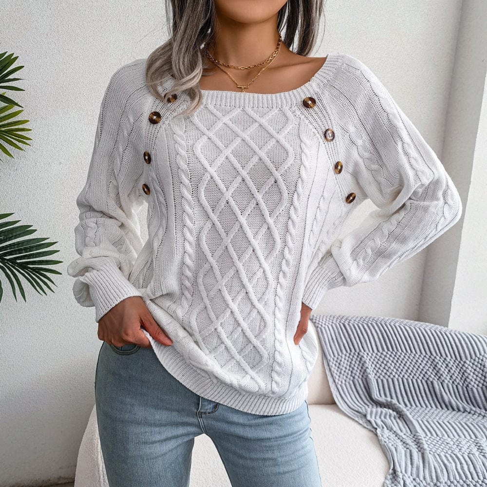 L / White Autumn and winter casual nail button square neck fried dough twist knitting pullover sweater lantern sleeve long sleeve sweater