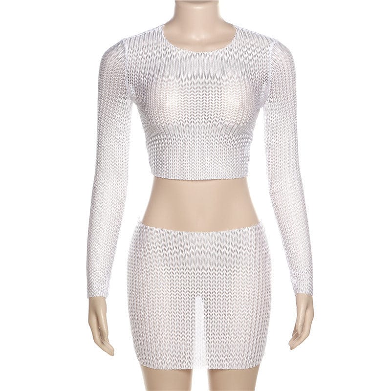 L / White New arrivals 2023 hot sexy party club mesh hollow out see through two piece skirt set