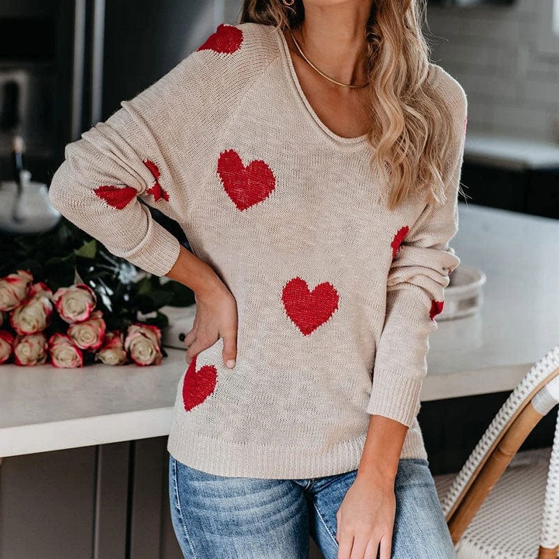 L / White New Valentine's Day Sweater Women's Loose Pullover Plus Size Heart-Shaped Multi-Part V-Neck