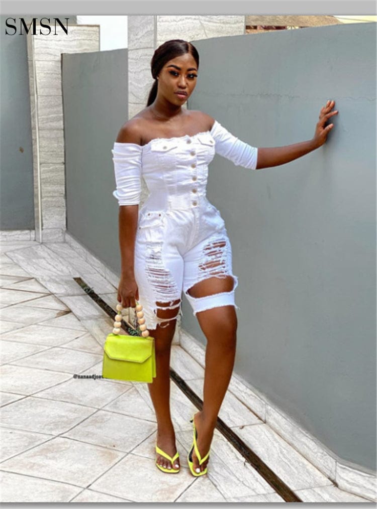 L / White Off Shoulder Woman Jumpsuit 2022 Women Jeans Jumpsuit And Rompers Summer Clothes For Ladies