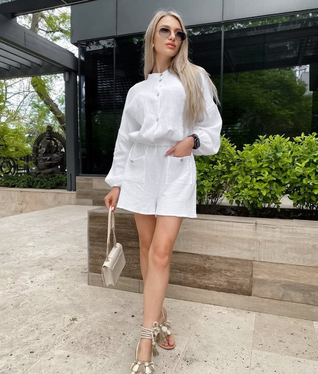 L / White OOTN 2023 Elegant Long Sleeve Homewear Overalls Summer Solid Loose Stand Collar Playsuit Women's Cotton Casual Pocket Shorts Set