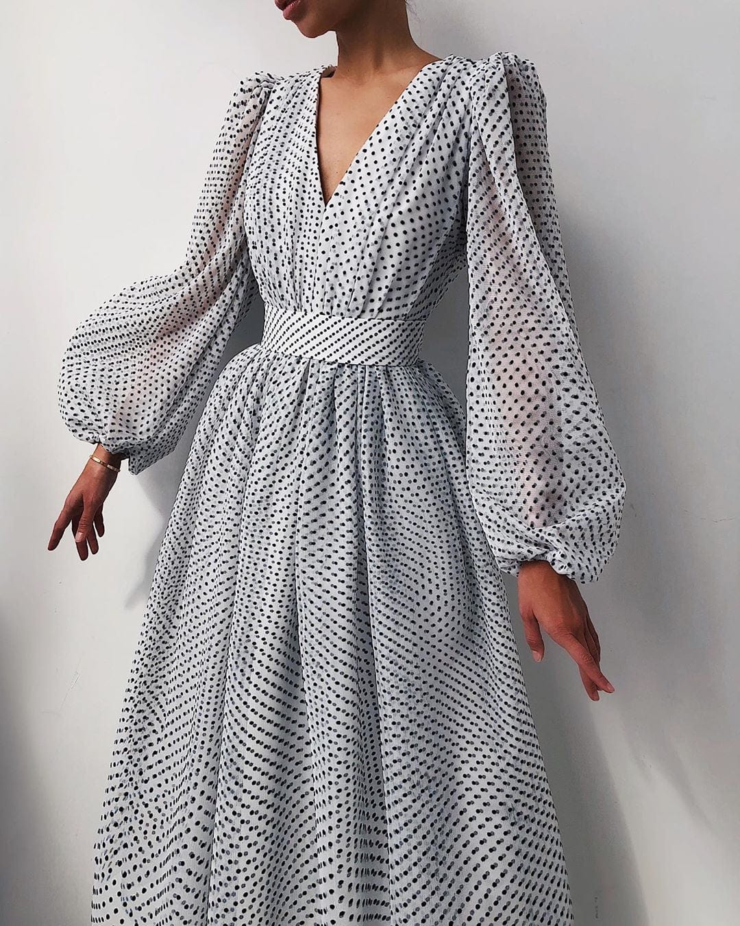 L / White OUDINA Fashion Temperament Formal Elegant Party Lady Puff Sleeve Polka Dot Dress Womens Dresses