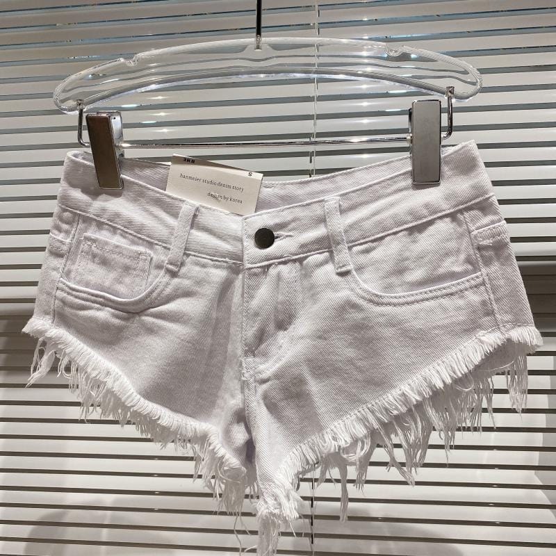 L / White OUDINA Trendy Street Sexy Hot Pants Frayed Old Fringe Washed Denim Shorts For Women