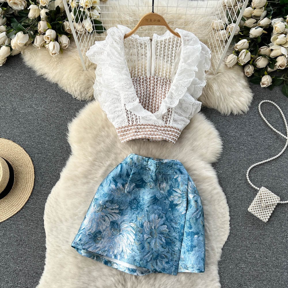 L / White Summer Design Sensual Spice Girl Suit Female Hollowed Out Short Lace Top + Printed Bag Buttock Short Skirt Two-Piece Set