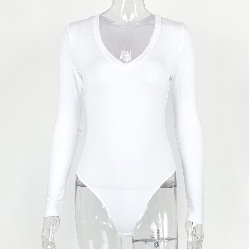 L / White Womens Fall Clothing 2022 Custom Logo Women V Neck Bodysuits Seamless Long Sleeve Polyester Bodysuits For Women