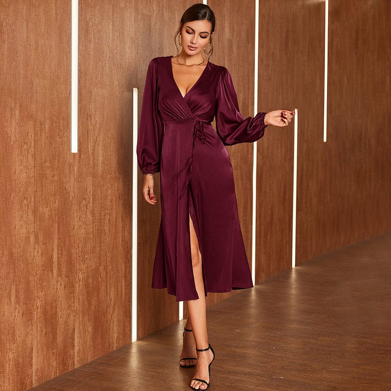 L / Wine D&M Dropshipping Stock Double Crazy Bishop Sleeve Tie Side Satin Wrap Dress