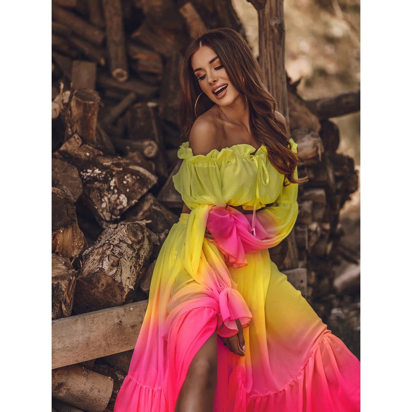 L / Yellow 2022 New Spring&Fall Sexy Chiffon dress set Long Sleeve Maxi Skirts two piece set dresses autumn maxi dress