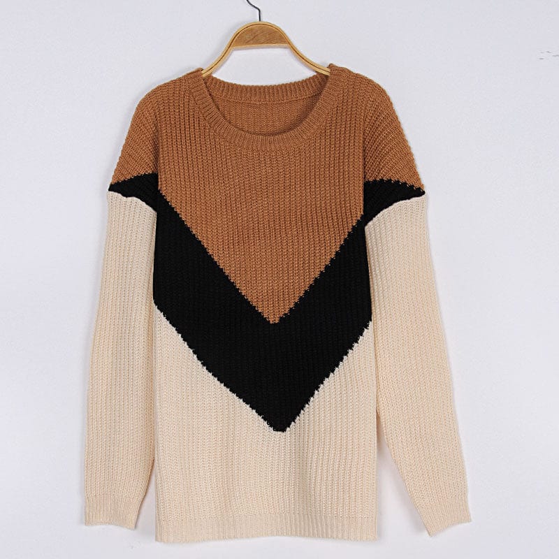 L / Yellow + black + apricot New Sweater Striped Irregular Crew Neck V Pullover Fashion Bottoming Knitted Women