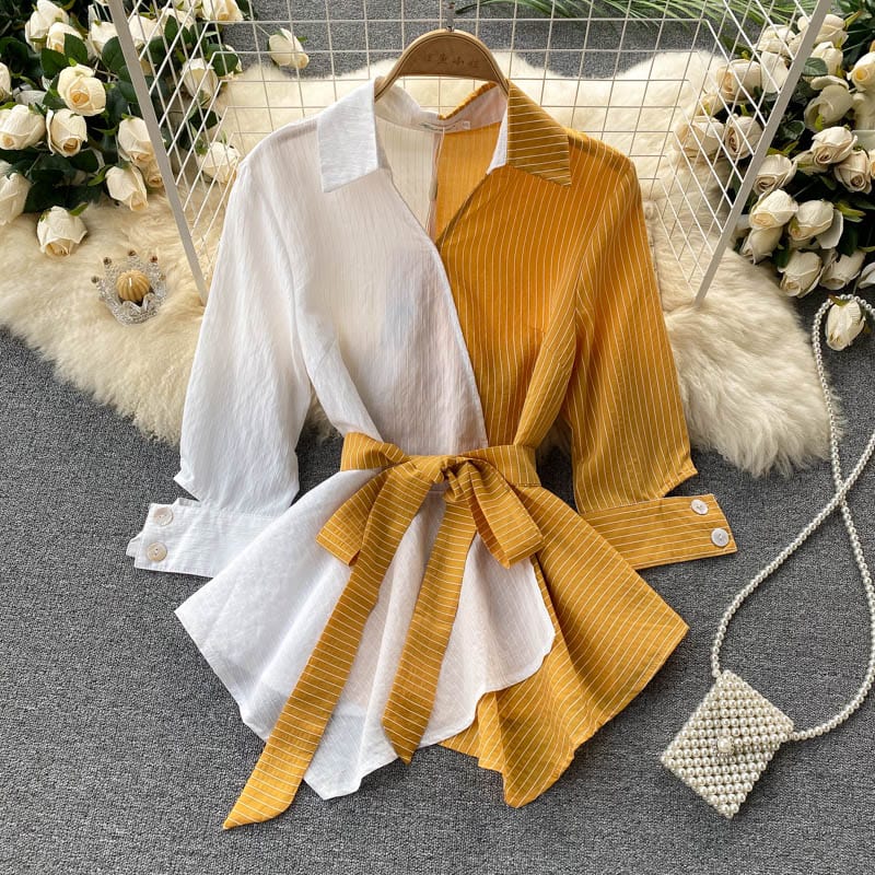 L / Yellow Fashion Tops Women Retro Striped Shirt Women's Ladies Blouses Design Sense Small Irregular Lotus Leaf Swing Lace Slim Shirt