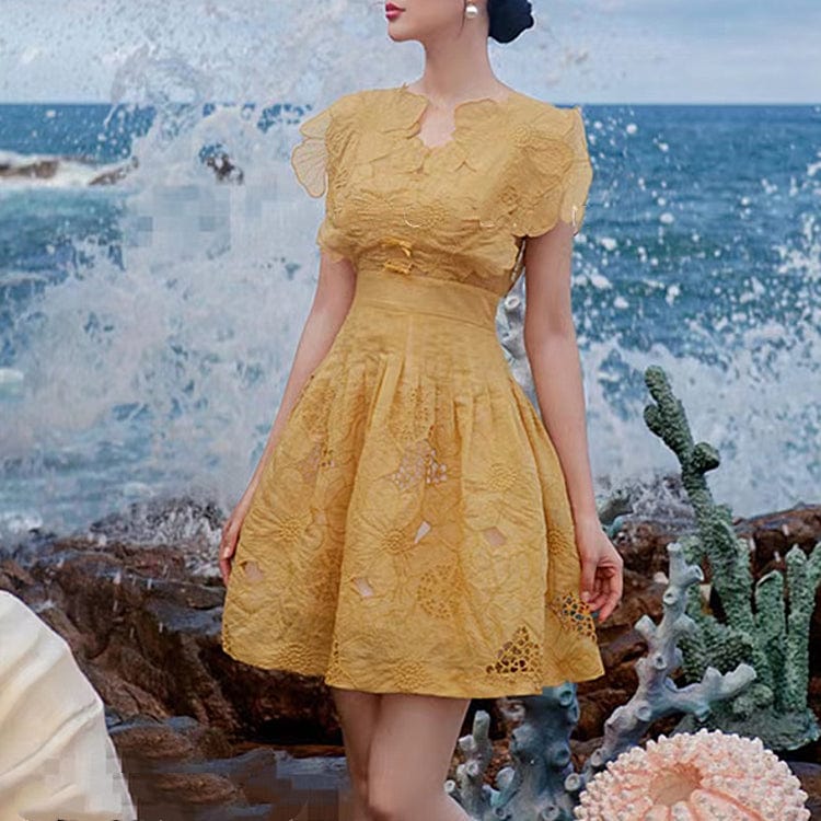 L / Yellow OUDINA New Seaside Short High Waist Flower Embroidery Casual Elegant Sleeveless Yellow Mini Dress