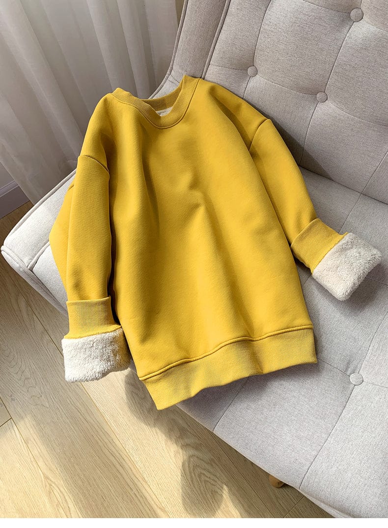 L / Yellow Oversize Solid Women's Pullover Sweater Hoodie Thick Fleece Loose Crew Collar Autumn/Winter Furry Coat