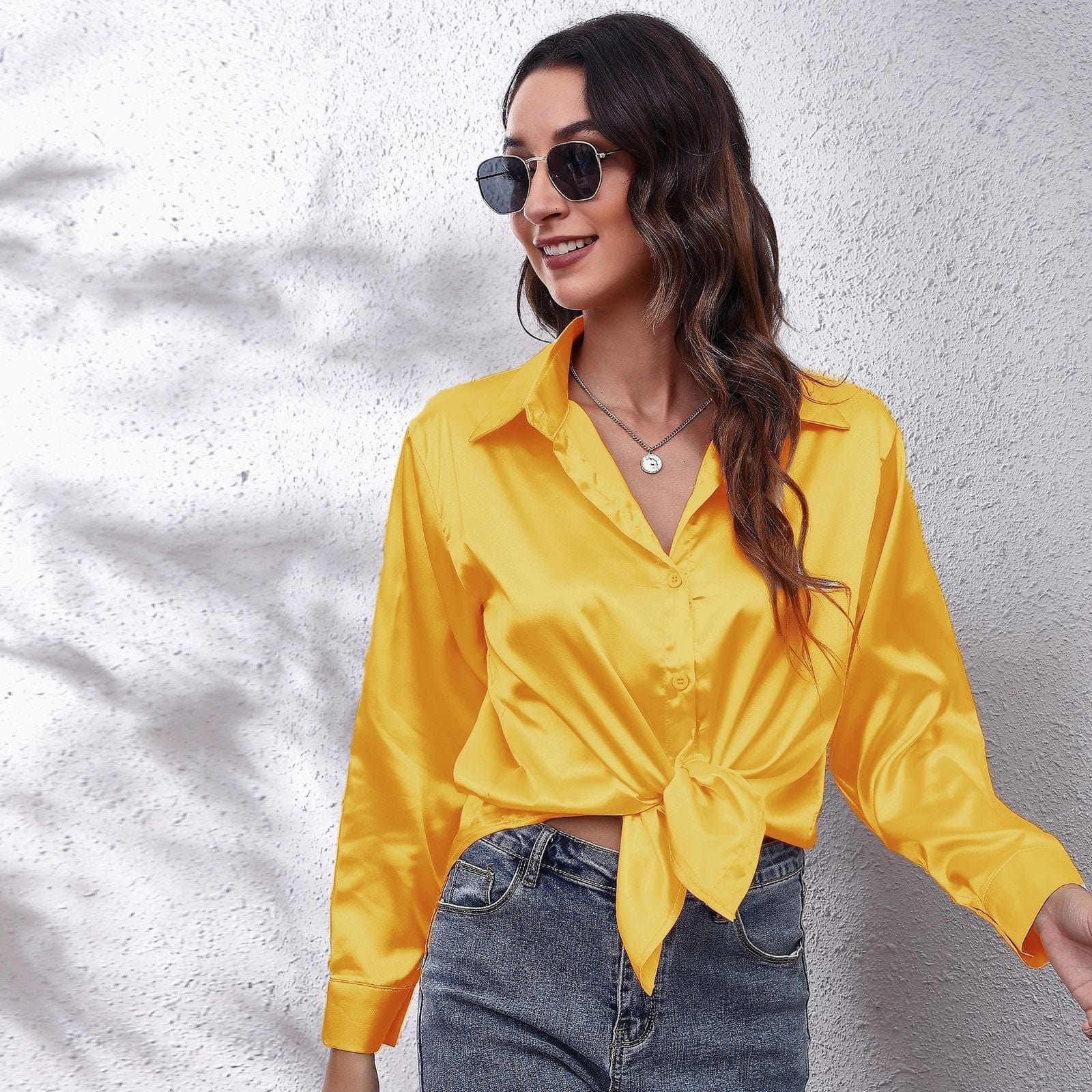 L / Yellow Silk Women's Shirt Long Sleeve Fashion Woman Blouses 2023 Satin Top Female Shirts and Blouse Basic Ladies Tops OL Women Clothing