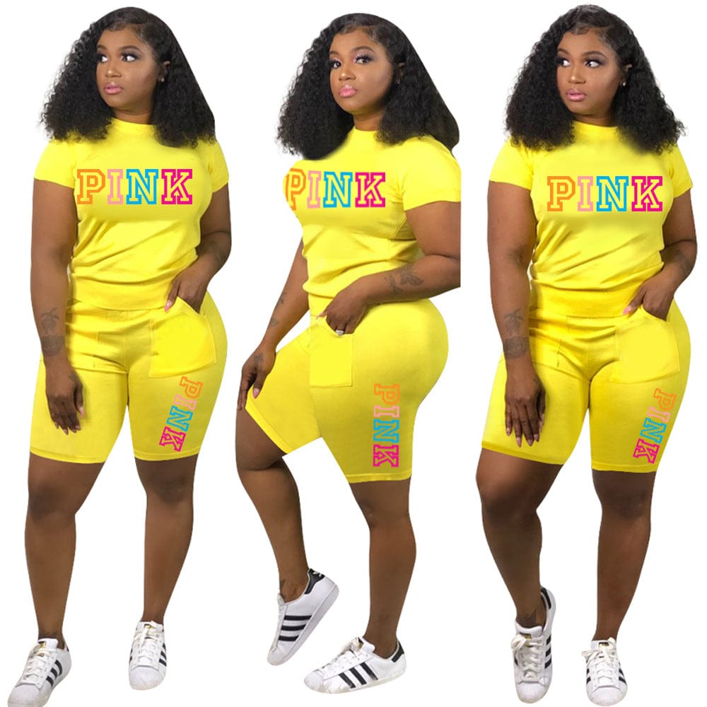 L / Yellow Z104475 Summer women's two piece 2022 Casual Letter Print t-shirts shorts two piece set