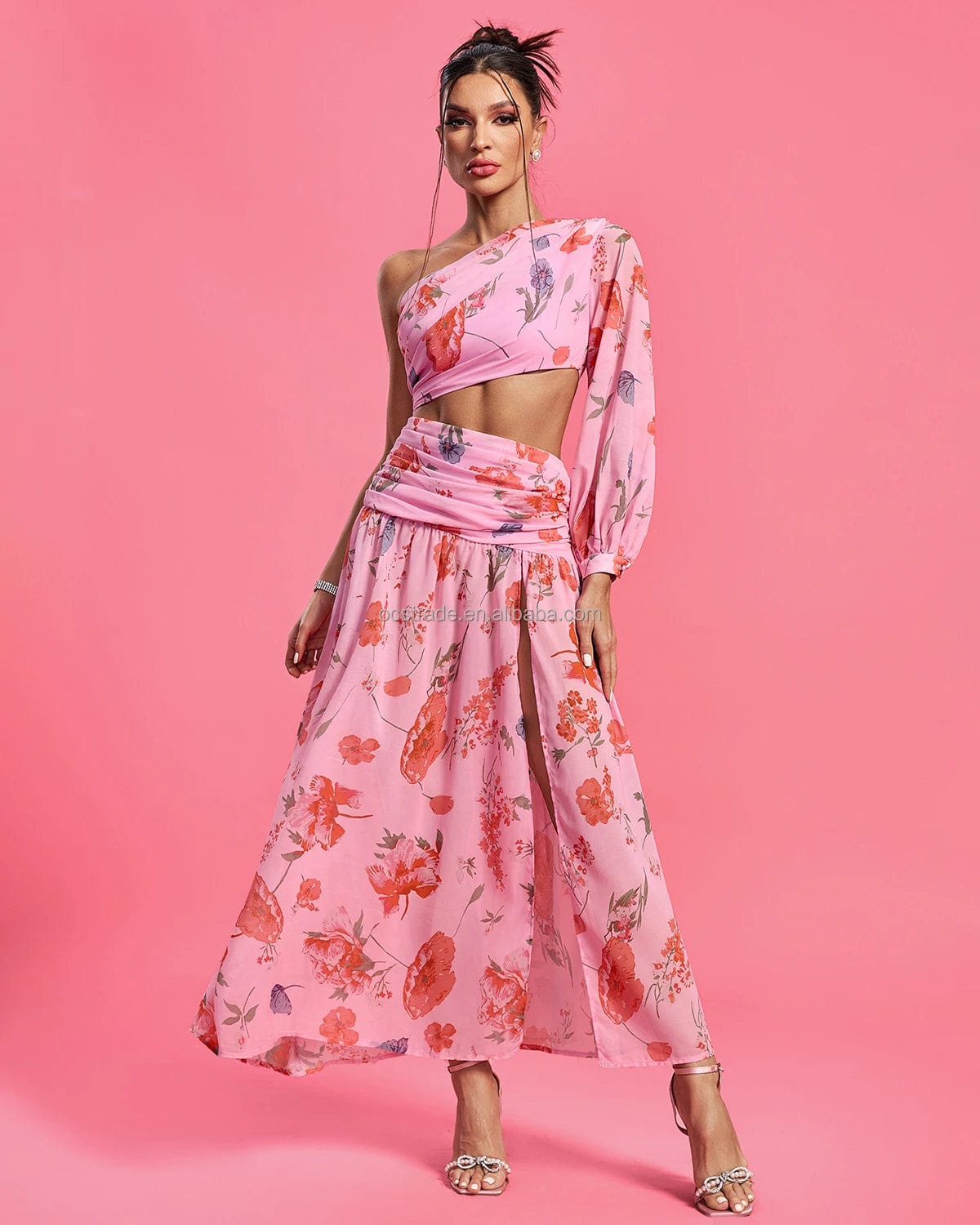 L / ZNSBA705 pink Ocstrade 2024 Hot Selling Product Women Chic Evening Dresses Elegant Loose One Sleeve Pink Maxi Floral Print Summer Casual Dress