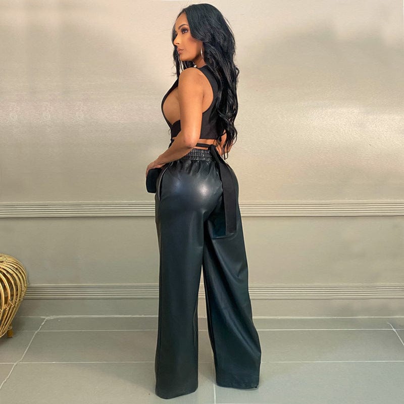 L0018 Fashion High Waist Black Wide Leg Long Pants Leather Pants For Women