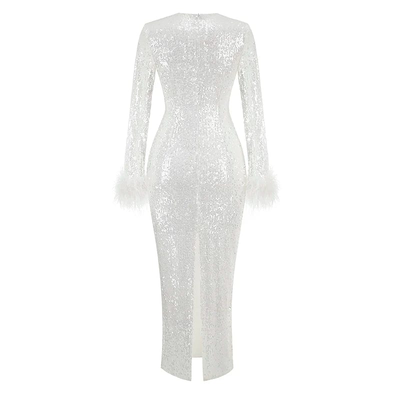 Ladies Clothes Sexy Long Sleeve Sequin Party Dress With Feathers Party Prom Dresses For Women