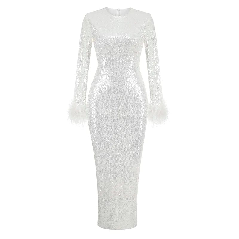 Ladies Clothes Sexy Long Sleeve Sequin Party Dress With Feathers Party Prom Dresses For Women