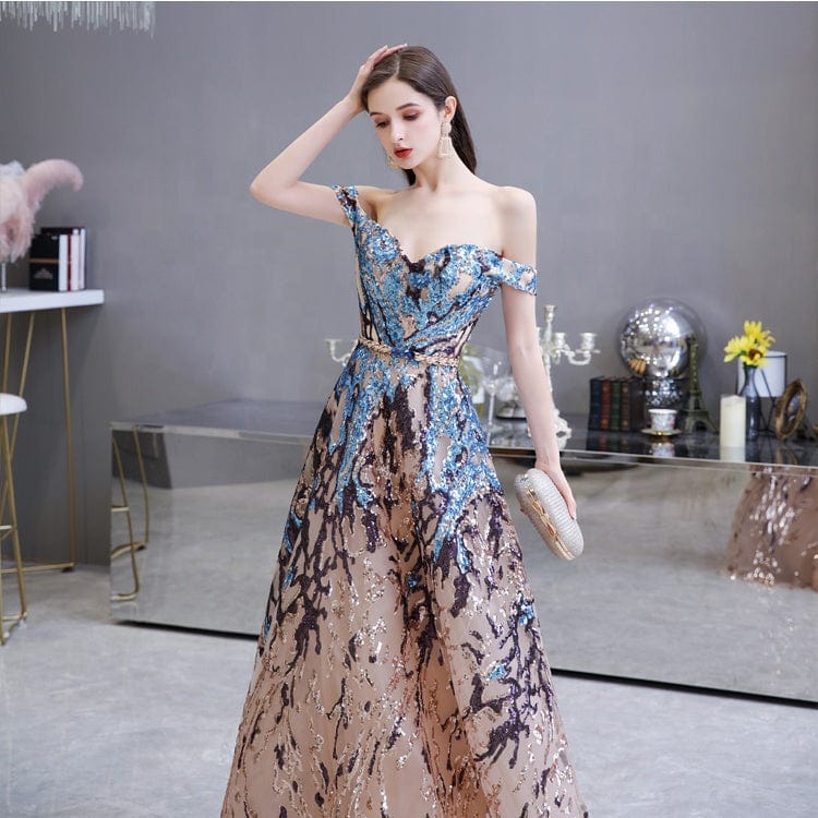 Ladies Sequins off Shoulder Evening Gown Floor-length Party Wear  Evening Dresses