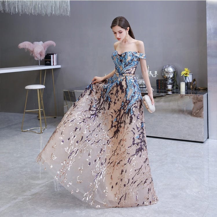 Ladies Sequins off Shoulder Evening Gown Floor-length Party Wear  Evening Dresses