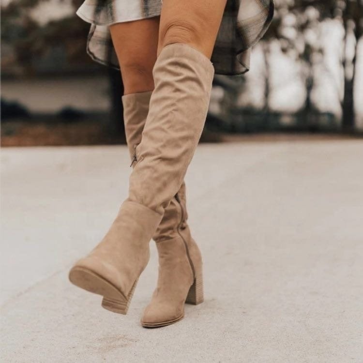 Lady Designer Thick Heel Boots for Women Wood Medium Heel Women Knee High Boots Wedges Heel Pointy Toe Long Boots