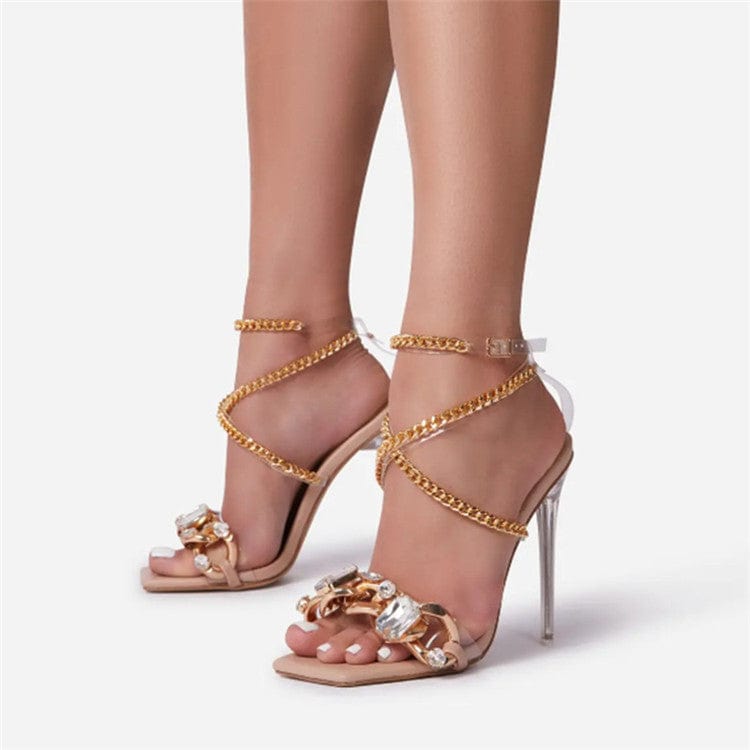 Large Size Sandals Woman Shoes Metal Chain Snake Print Open Toe Pumps Clear Rhinestone Sexy High Heel Party Sandals Women Heels