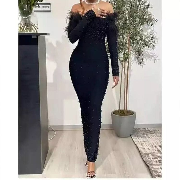 Latest Arrival Shoulder  SlimTight Nail Bead White Party Dress Long Sleeve Dresses Evening Dresses