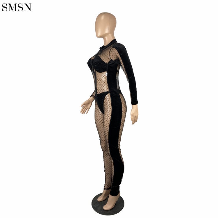 Latest Design Lattice Complaint Mesh Korean Fleece Stitching Jumpsuit Women One Piece Jumpsuits