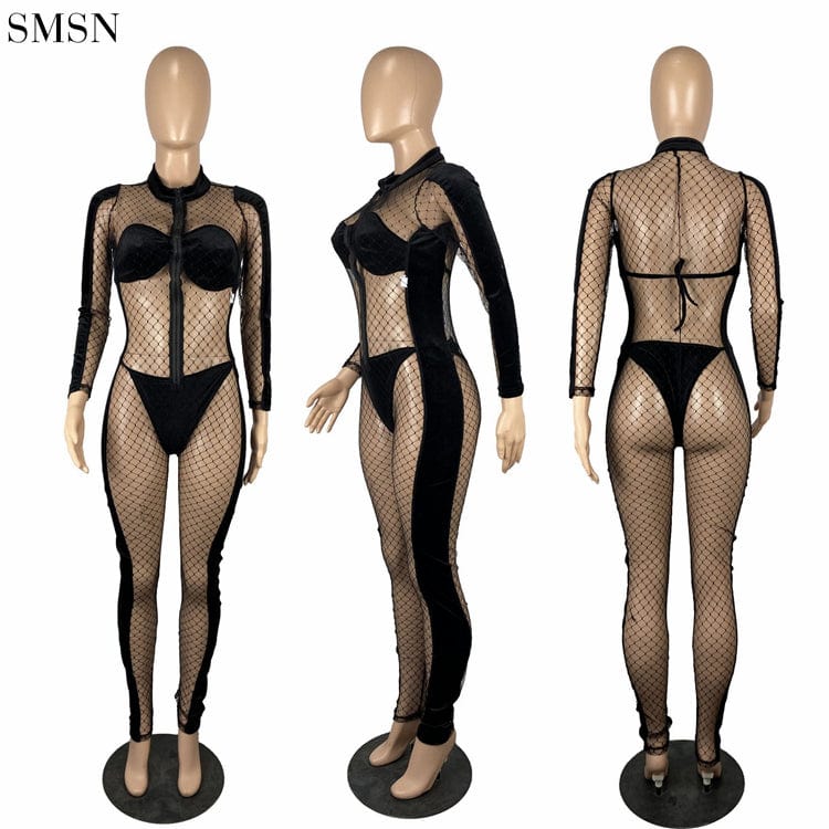 Latest Design Lattice Complaint Mesh Korean Fleece Stitching Jumpsuit Women One Piece Jumpsuits