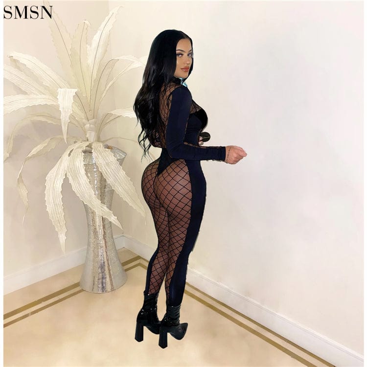 Latest Design Lattice Complaint Mesh Korean Fleece Stitching Jumpsuit Women One Piece Jumpsuits