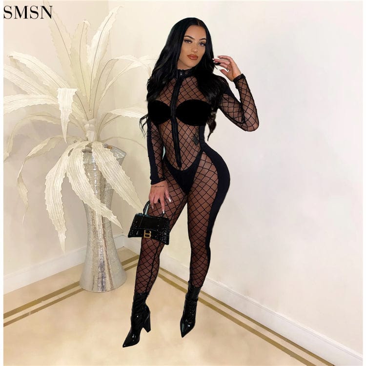 Latest Design Lattice Complaint Mesh Korean Fleece Stitching Jumpsuit Women One Piece Jumpsuits