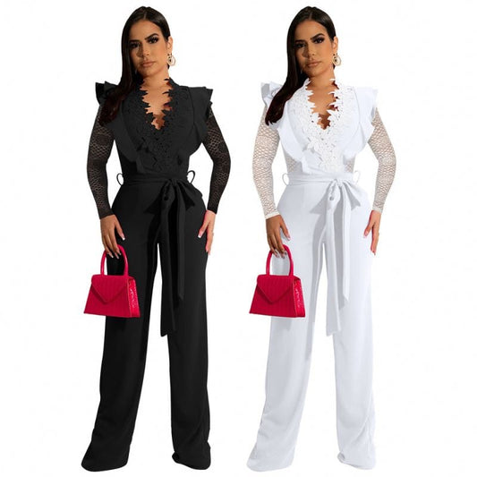 Latest Products Fall 2022 Women Clothes Elegant V Neck Slim Fit Lace Patchwork Long Sleeve Jumpsuit Long Women Jumpsuit